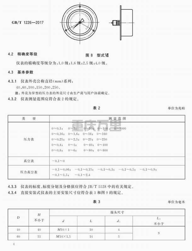 关于压力表的表面外壳直径尺寸、精确度等级、测量范围、螺纹尺寸等分享